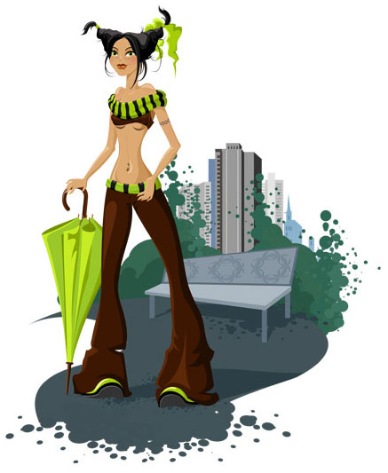 Vector colourfull illustration of girl with umbrella with urban background.